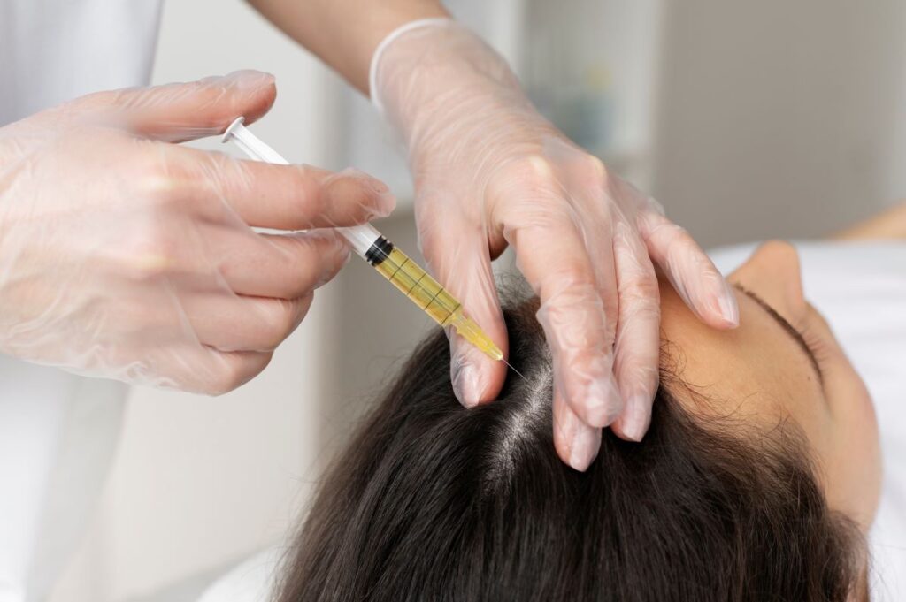 high angle woman getting scalp prp treatment